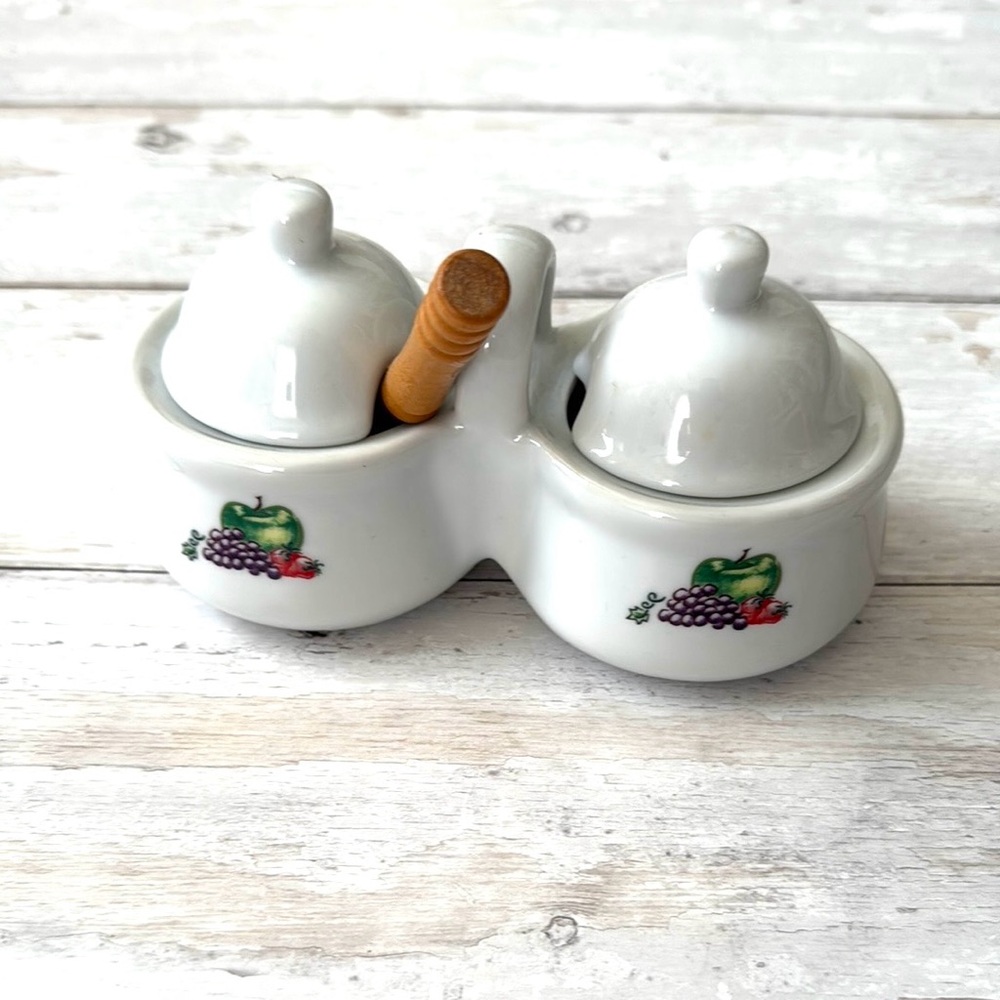 White Ceramic Condiment Set with Fruit Design Houston Harvest
